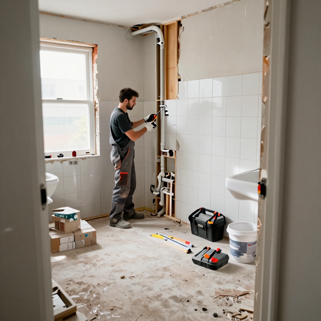 Una persona instalando tuberías en un baño en obras, con los montantes de la pared a la vista y azulejos blancos.