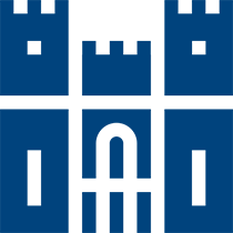 Icône de château bleu et blanc avec trois tours et une porte centrale en arc.