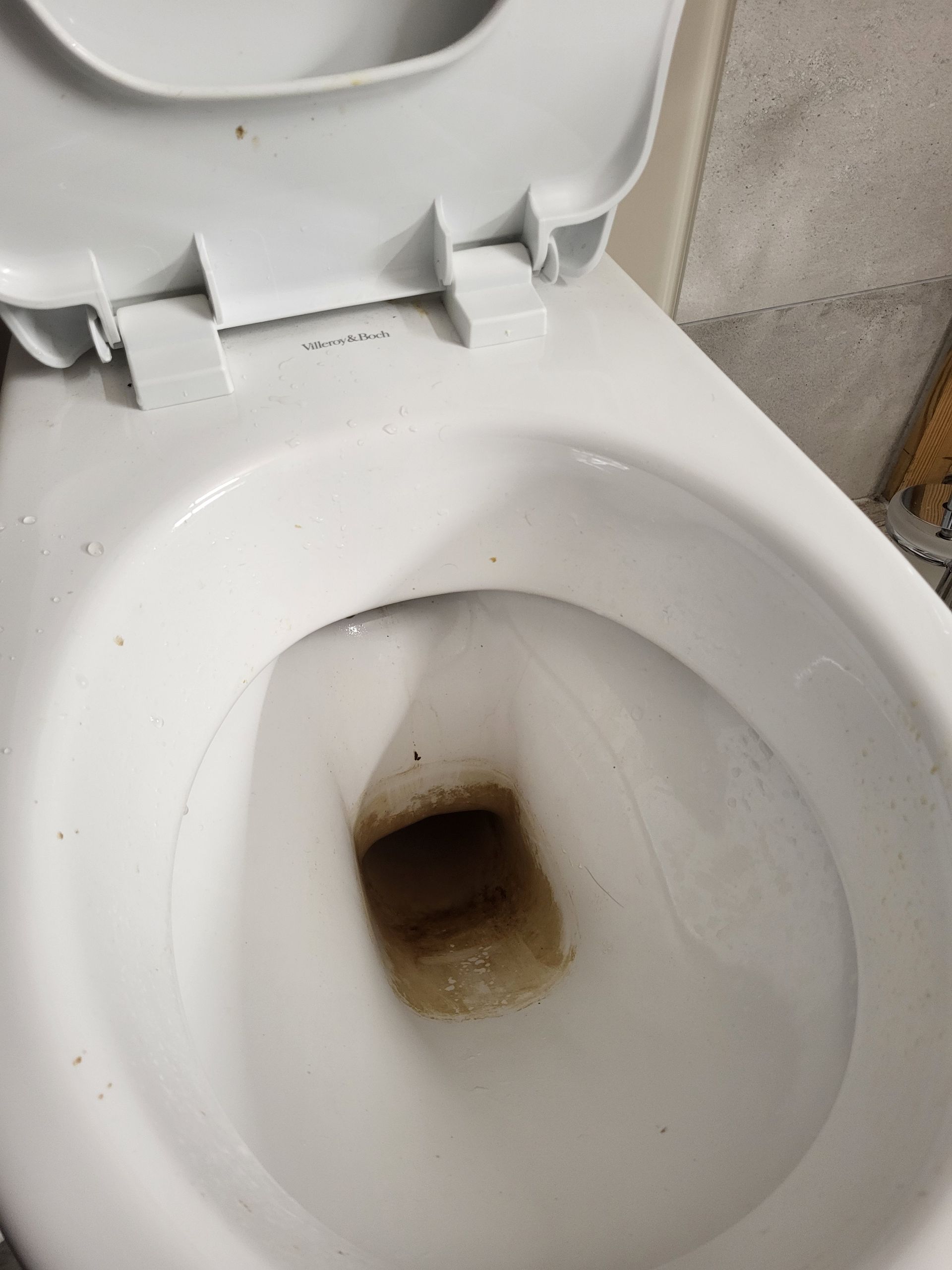 Un gros plan d'une toilette avec le couvercle relevé
