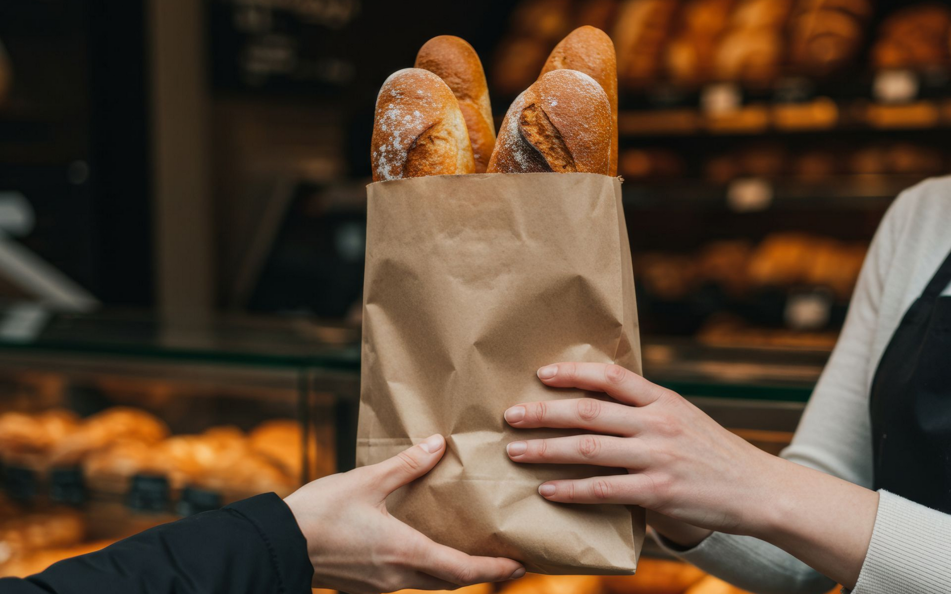 Une personne tend un sac en papier brun contenant plusieurs baguettes dans une boulangerie.