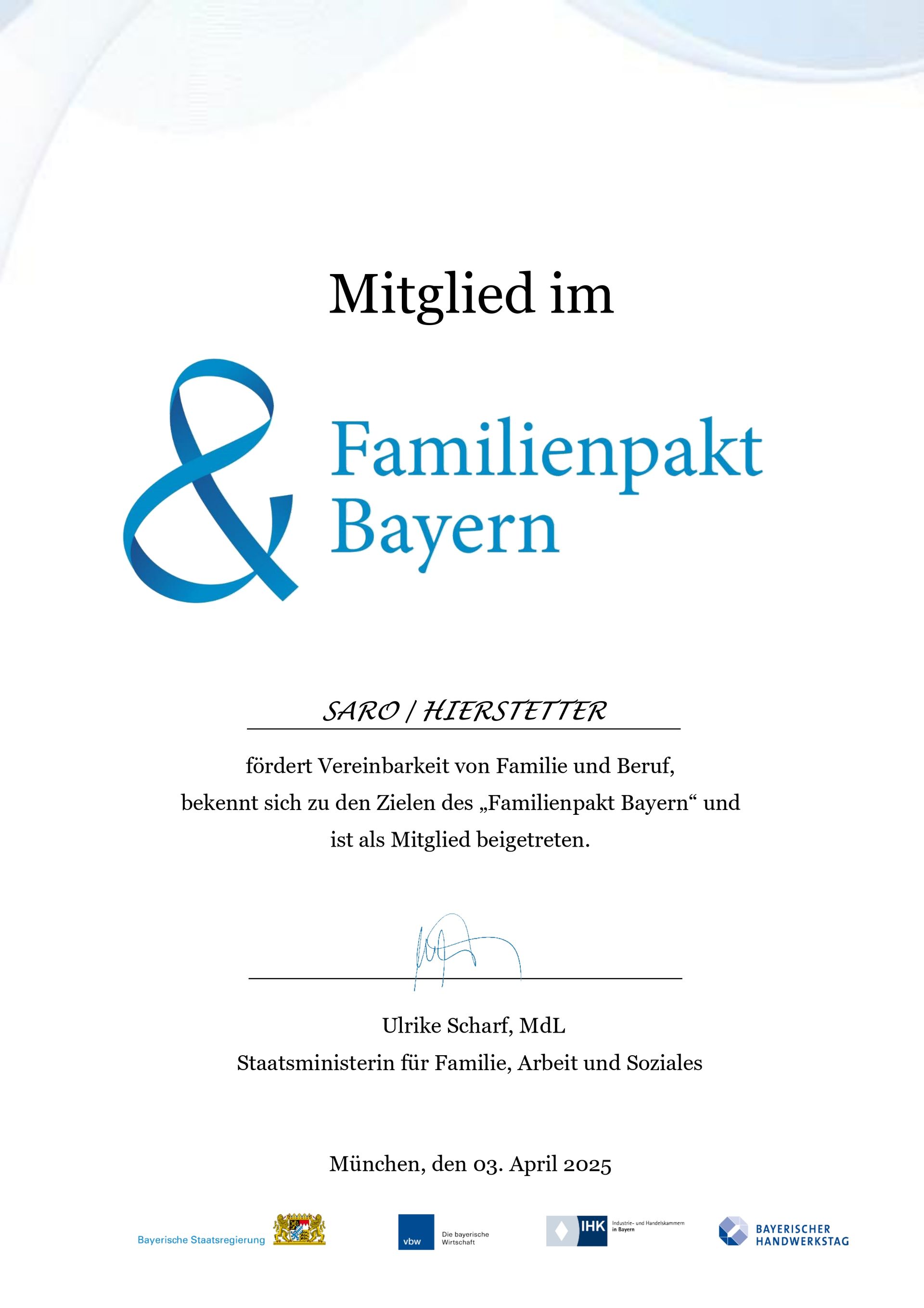 Mitgliedsurkunde vom Familienpakt Bayern