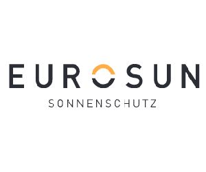Logo für Eurosun, ein Unternehmen für Sonnenschutz. Schwarzer Text mit einem gelb-weißen Sonnensymbol.