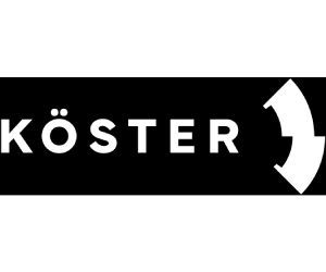 KÖSTER-Logo in weißer Schrift, schwarzes Rechteck mit einem weißen, gebogenen Pfeil.