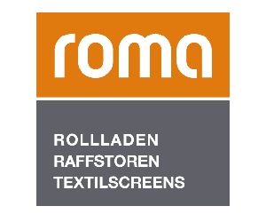 Roma-Logo: orange-graues Rechteck mit weißer Schrift. Oben: „roma“. Unten: „ROLLADEN RAFFSTOREN TEXTILSCREENS“.