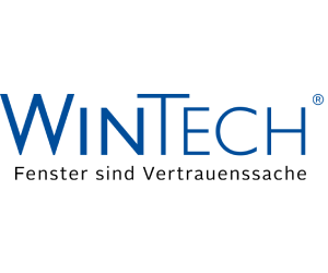 WinTech-Logo mit blauer Schrift auf weißem Hintergrund. Der Slogan lautet: „Fenster sind Vertrauenssache“.