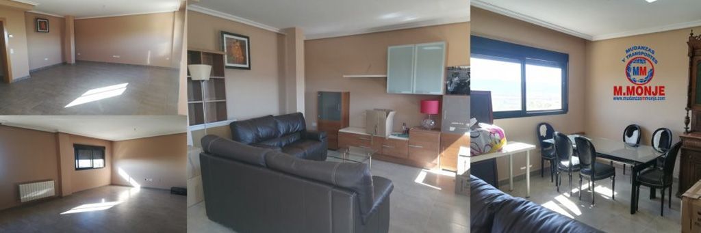 Un collage de tres fotografías de una sala de estar y un comedor.