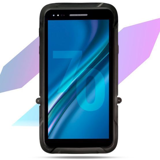 Teléfono inteligente resistente de color negro con pantalla abstracta en tonos azul y verde azulado.