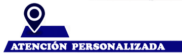 Pin de ubicación de color azul y texto “ATENCIÓN PERSONALIZADA” sobre pancarta azul.