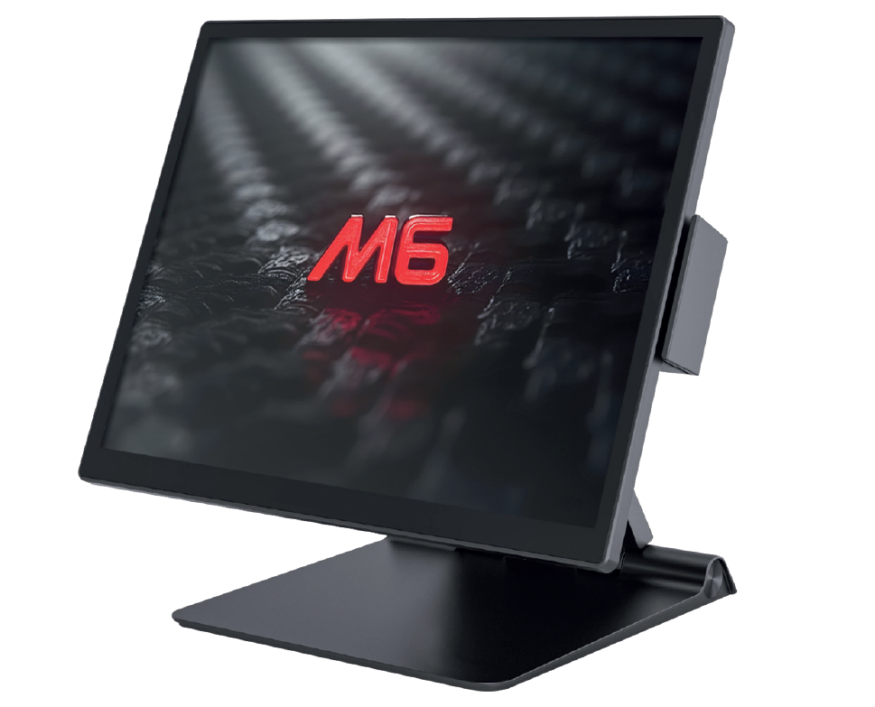 Cuatro pantallas táctiles POS negras con el logotipo 