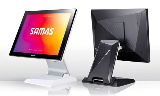 Dos monitores de pantalla táctil POS: vista frontal con logotipo en pantalla; vista posterior que muestra puertos y soporte.