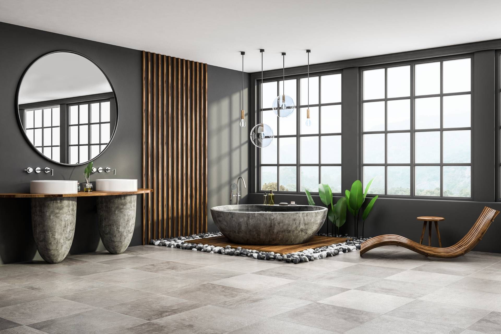Un baño con bañera, lavabo y una gran ventana.