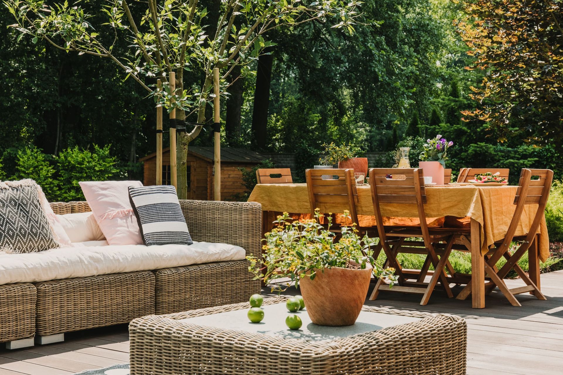 Un patio con un sofá, una mesa, sillas y una planta en maceta.