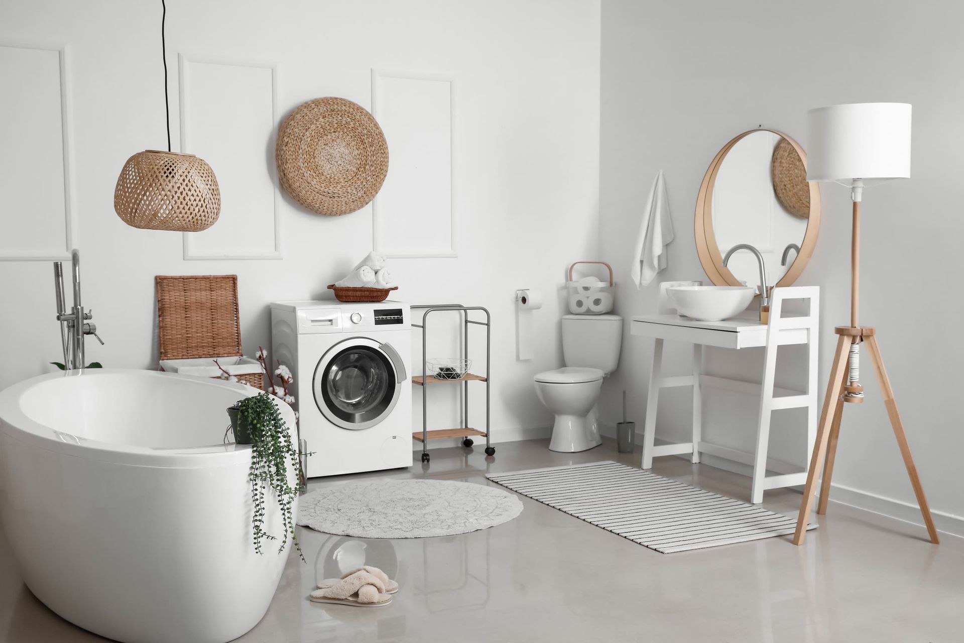 Un baño con bañera, lavadora, inodoro, lavabo y espejo.