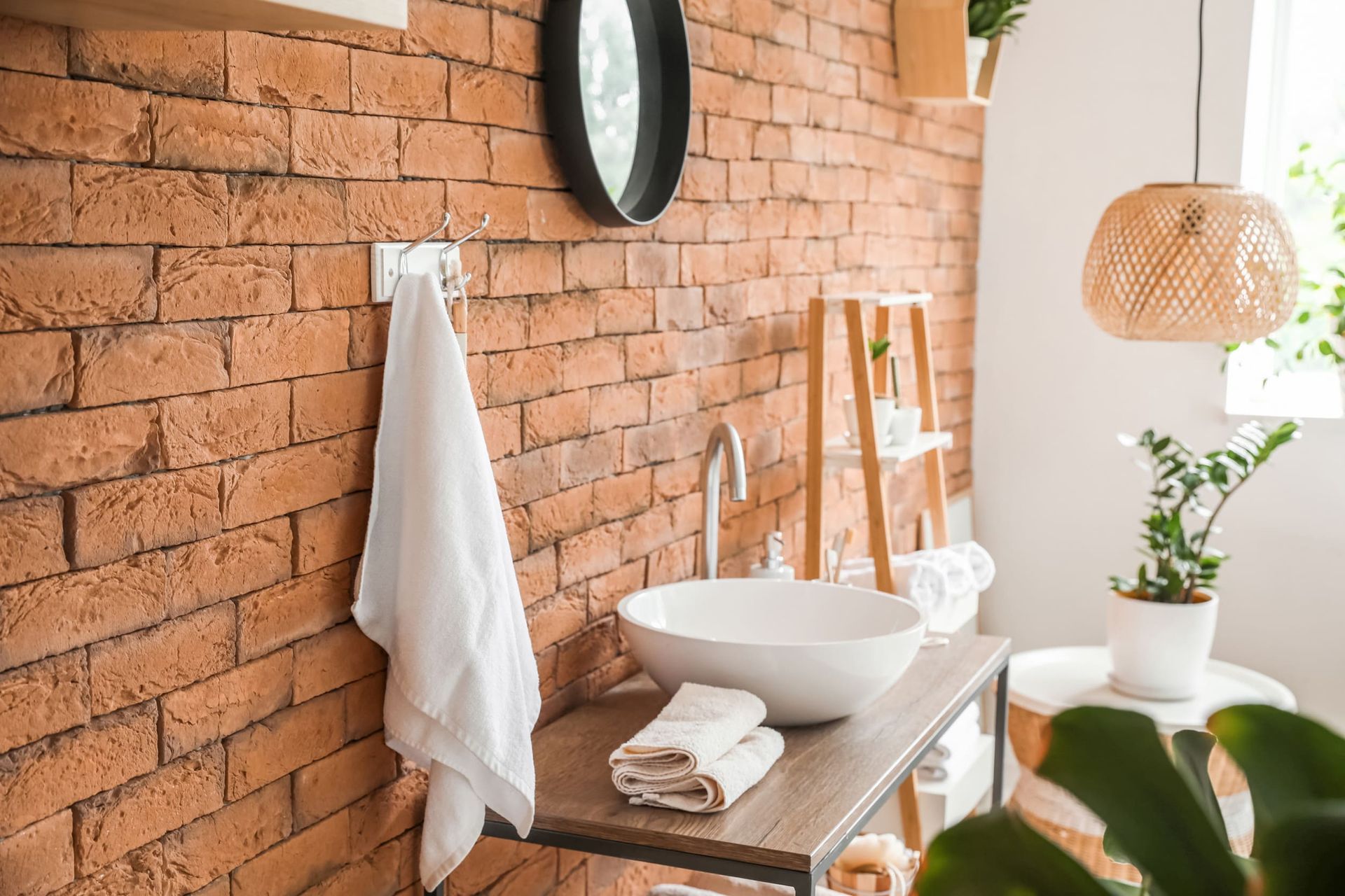 Un baño con una pared de ladrillo y un lavabo.