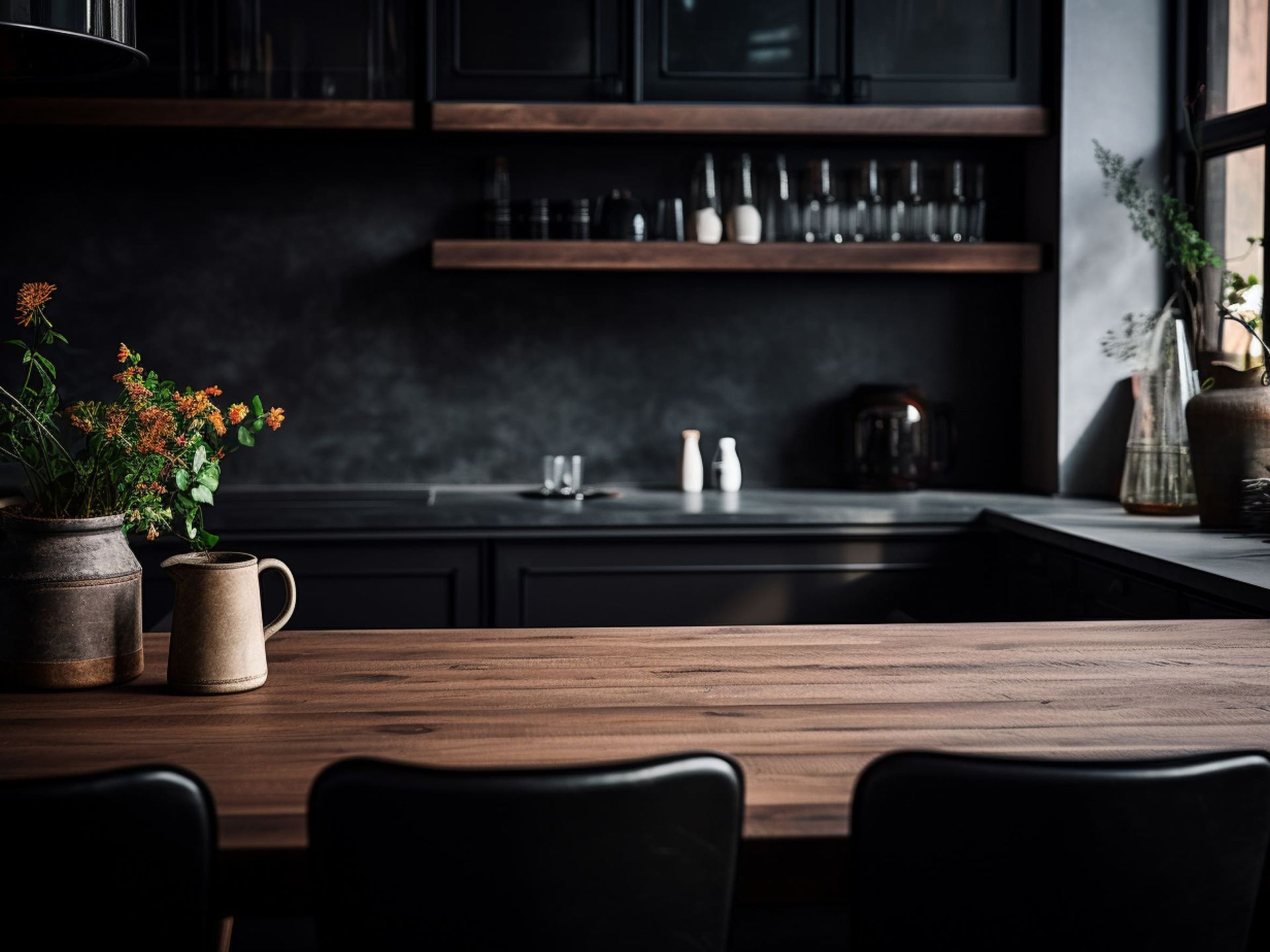 Una cocina con gabinetes negros y una mesa y sillas de madera.
