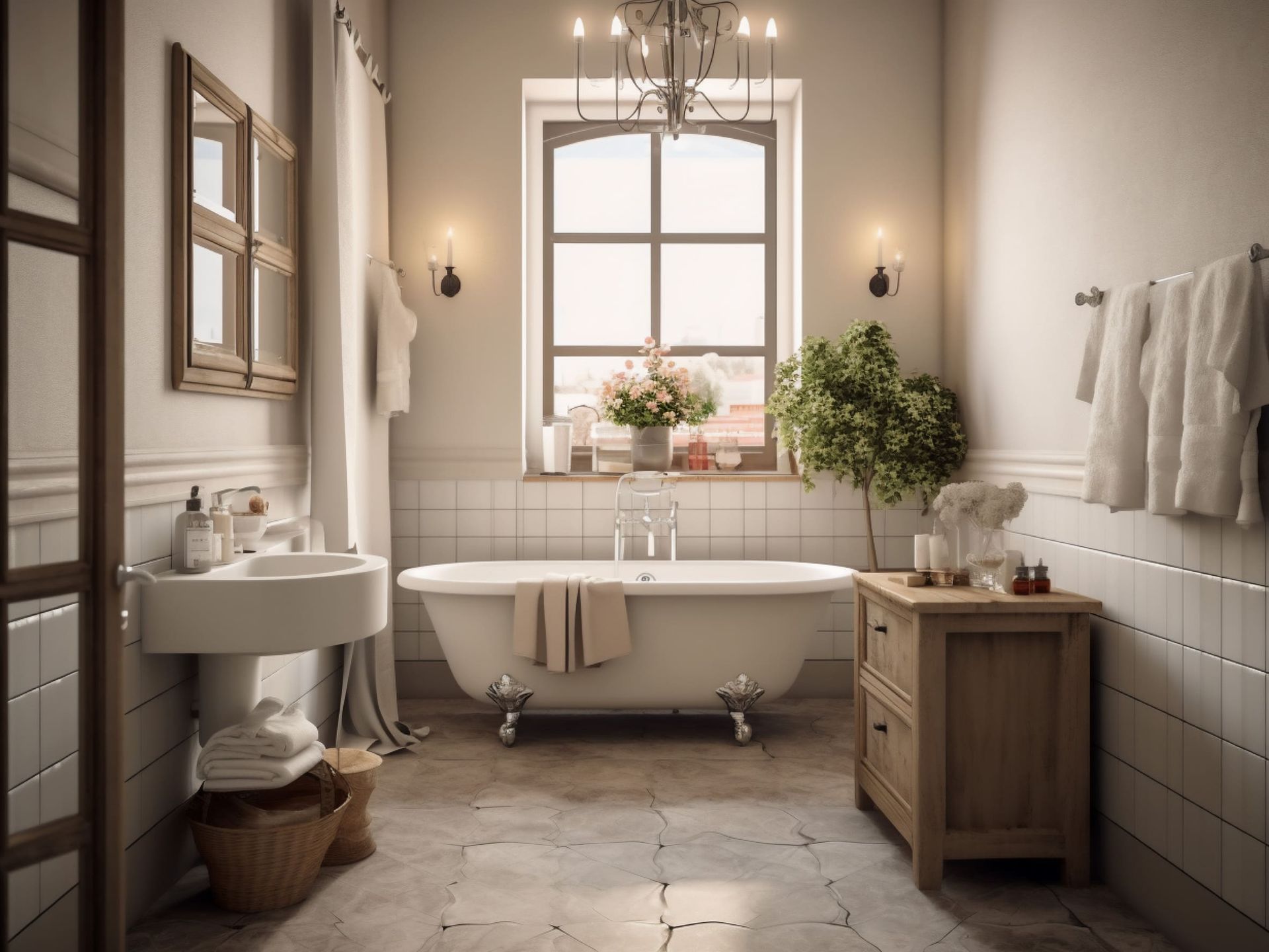 Un baño con bañera, lavabo, espejo y ventana.