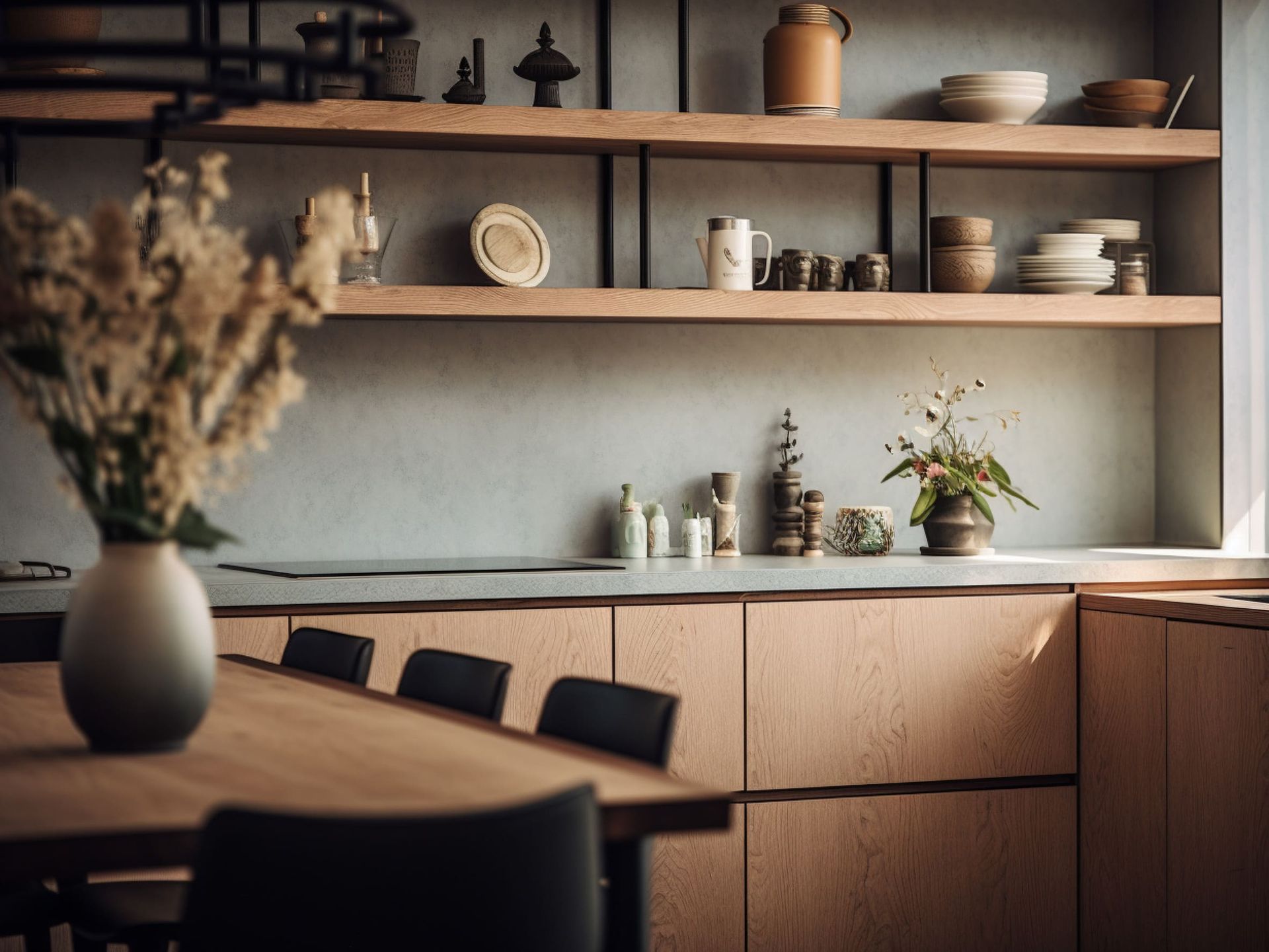 Una cocina con una mesa y sillas y un jarrón de flores en el mostrador.