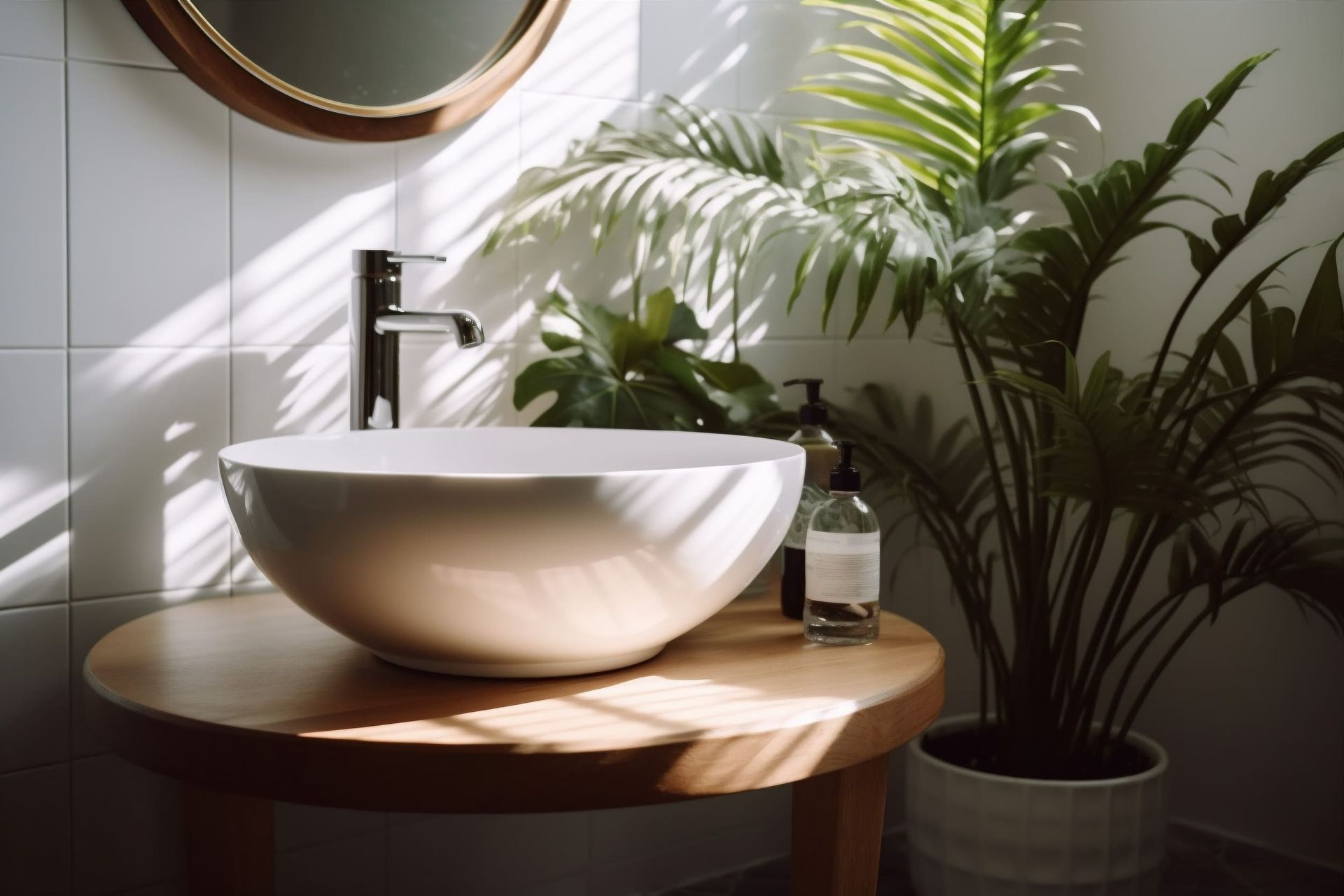 Un baño con un lavabo y una planta sobre una mesa.