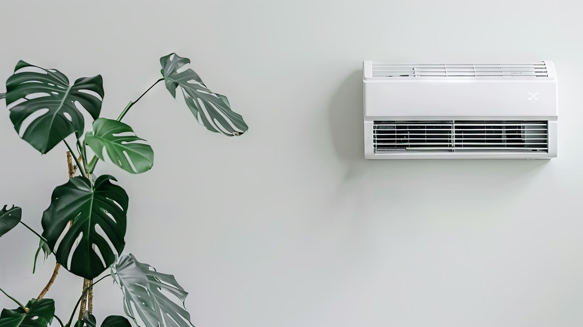 Un acondicionador de aire blanco está montado en una pared blanca al lado de una planta.