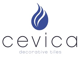 El logotipo de los azulejos decorativos de Cevica tiene una llama azul.