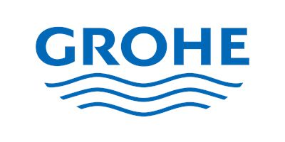 Un logotipo azul y blanco para Grohe con ondas sobre un fondo blanco.