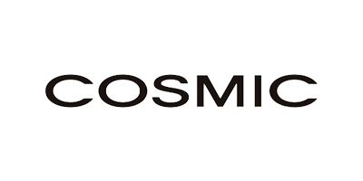 Un logotipo en blanco y negro para cósmico sobre un fondo blanco.