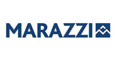 El logotipo de Marazzi es azul y blanco sobre fondo blanco.
