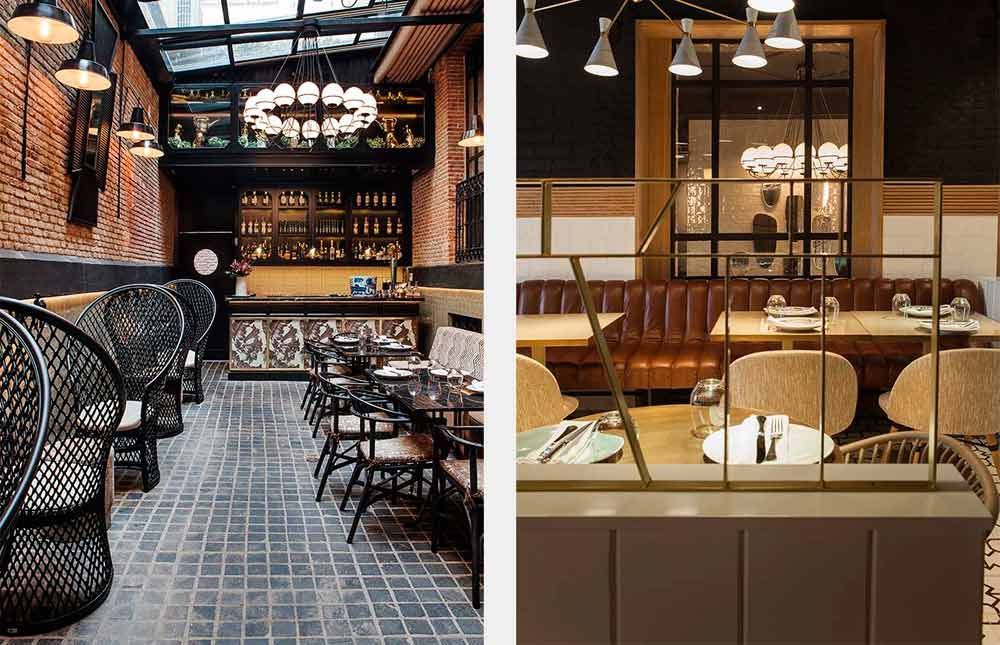 Dos fotos de un restaurante con mesas y sillas.