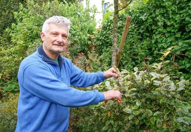 Le gérant d'Albizia Créations taille une haie
