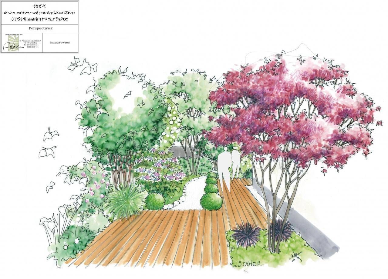 Le dessin d'une terrasse en bois et une plante rose