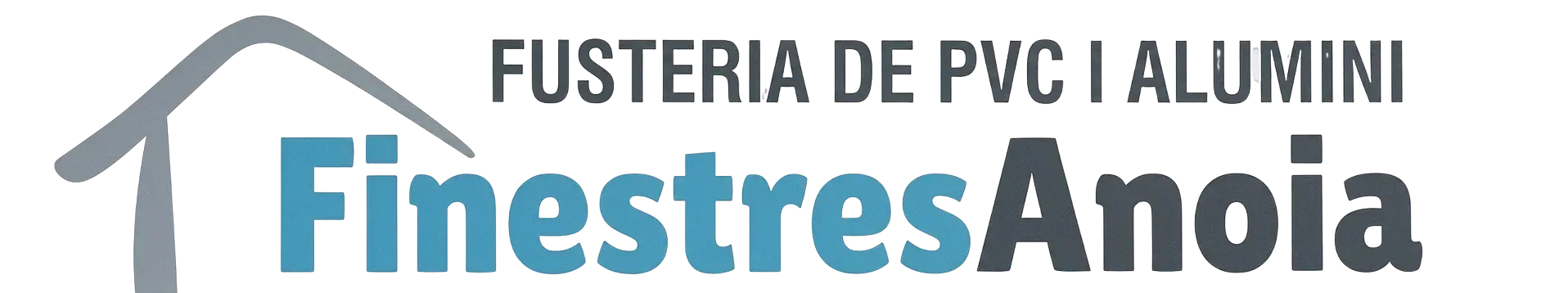Logotip de Fusteria de PVC i Alumini FinestresAnoia en gris i blau amb una icona de teulada de casa