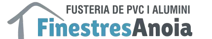 Logotip de Fusteria de PVC i Alumini FinestresAnoia en gris i blau amb una icona de teulada de casa