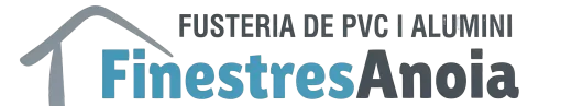 Logotip de Fusteria de PVC i Alumini FinestresAnoia en gris i blau amb una icona de teulada de casa