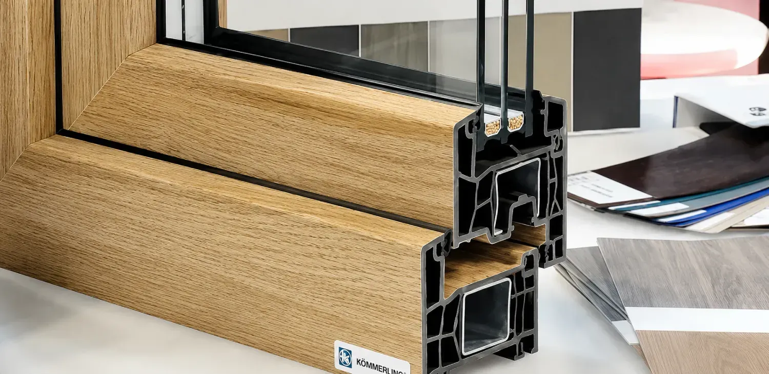 Ventana triangular de madera en el ático que enmarca una vista de montañas de un azul brillante y tejados.