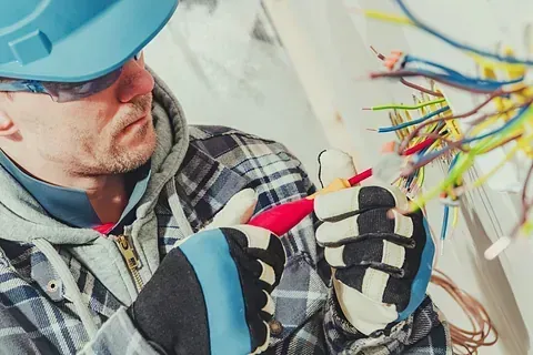 Electricista con casco, gafas de seguridad y guantes de trabajo, trabajando con una maraña de cables de colores.