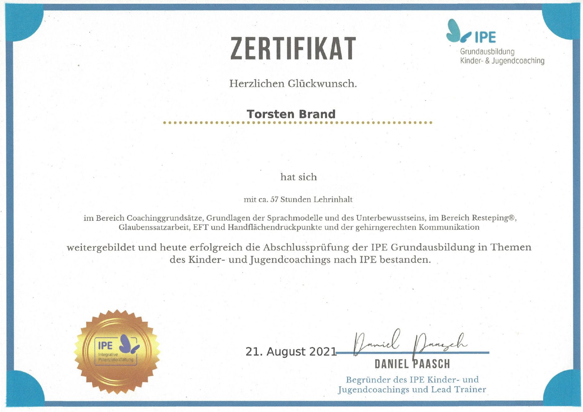 Ein Zertifikat mit der Aufschrift „Zertifikat“ auf weißem Hintergrund.