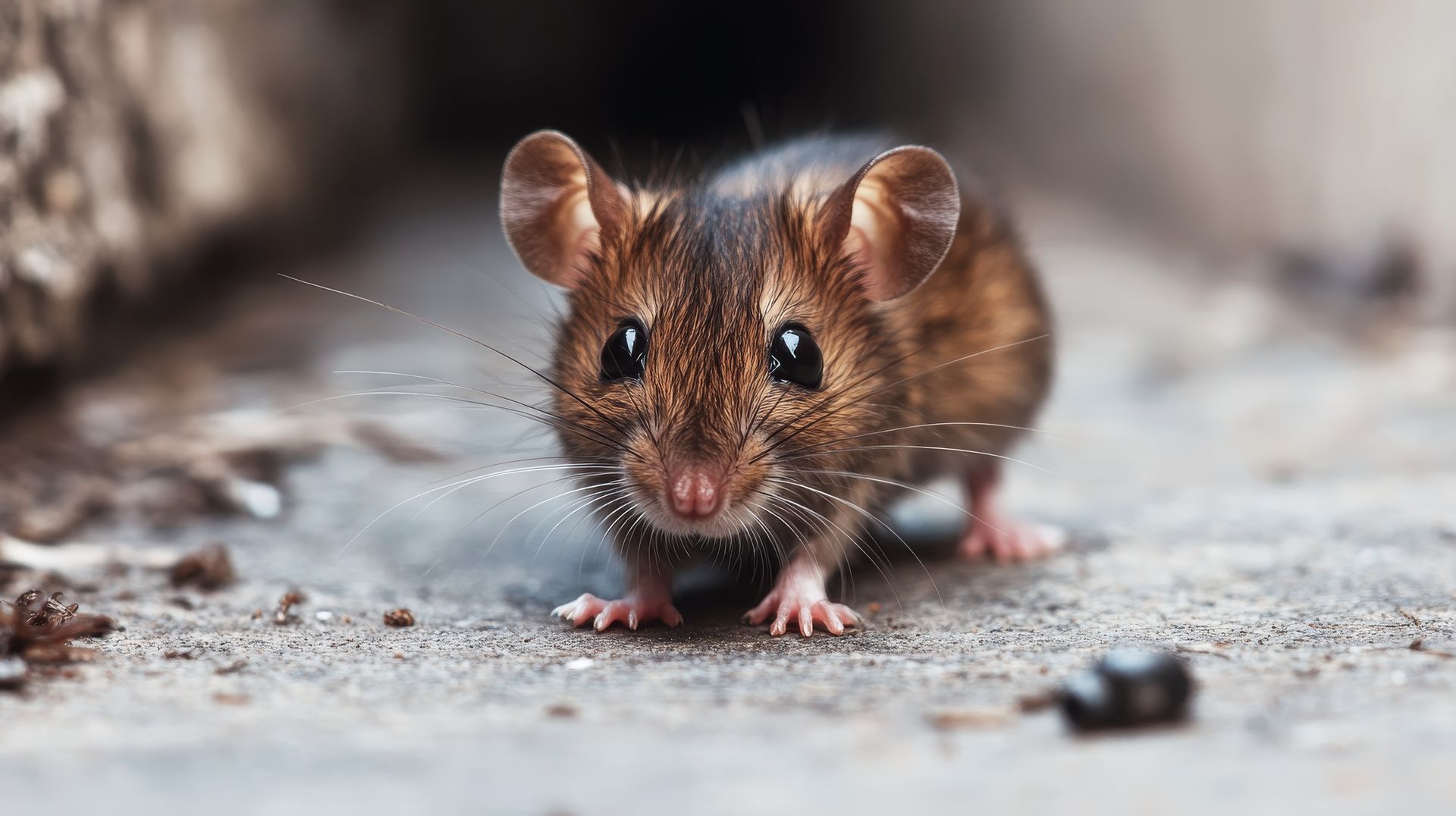 Une souris brune aux grands yeux, aux oreilles dressées et aux moustaches, se tient debout sur du béton.