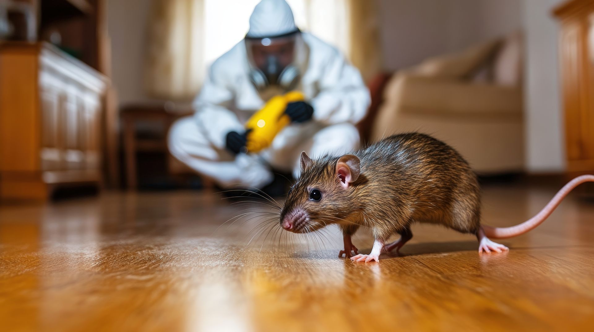 Un rat traverse en courant le parquet tandis qu'une personne en combinaison de protection pulvérise de l'insecticide.