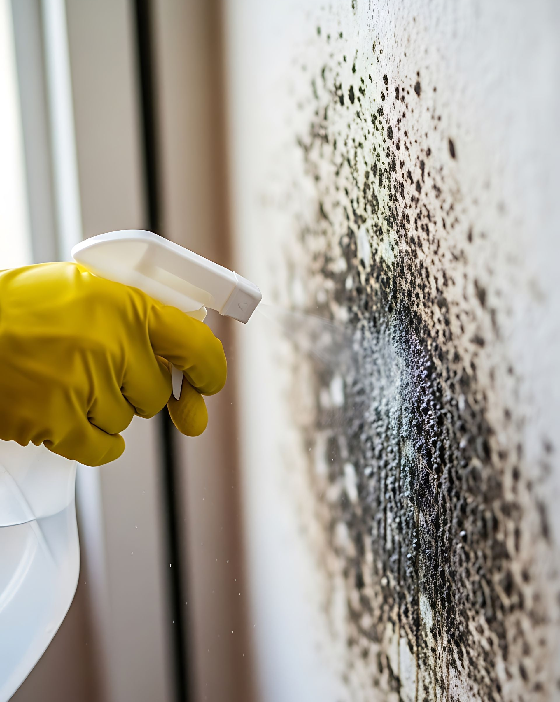 Une main gantée de jaune vaporise du nettoyant sur un mur moisi.