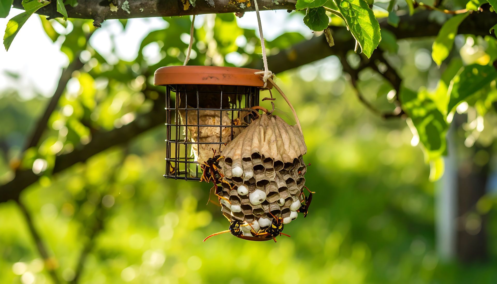 Mangeoire à oiseaux avec un nid de guêpes suspendu à une branche d'arbre.