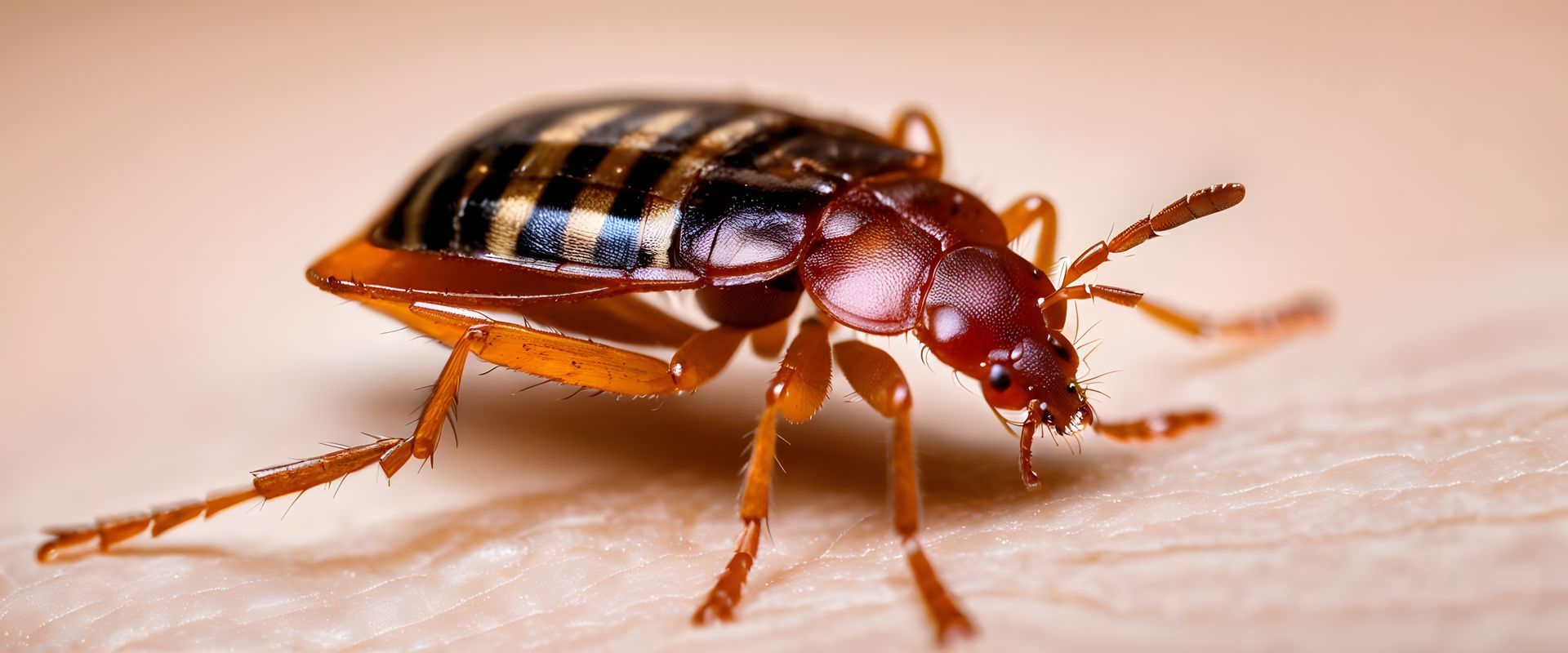 Gros plan d'un coléoptère à carapace rayée et pattes orange, rampant sur une surface claire.