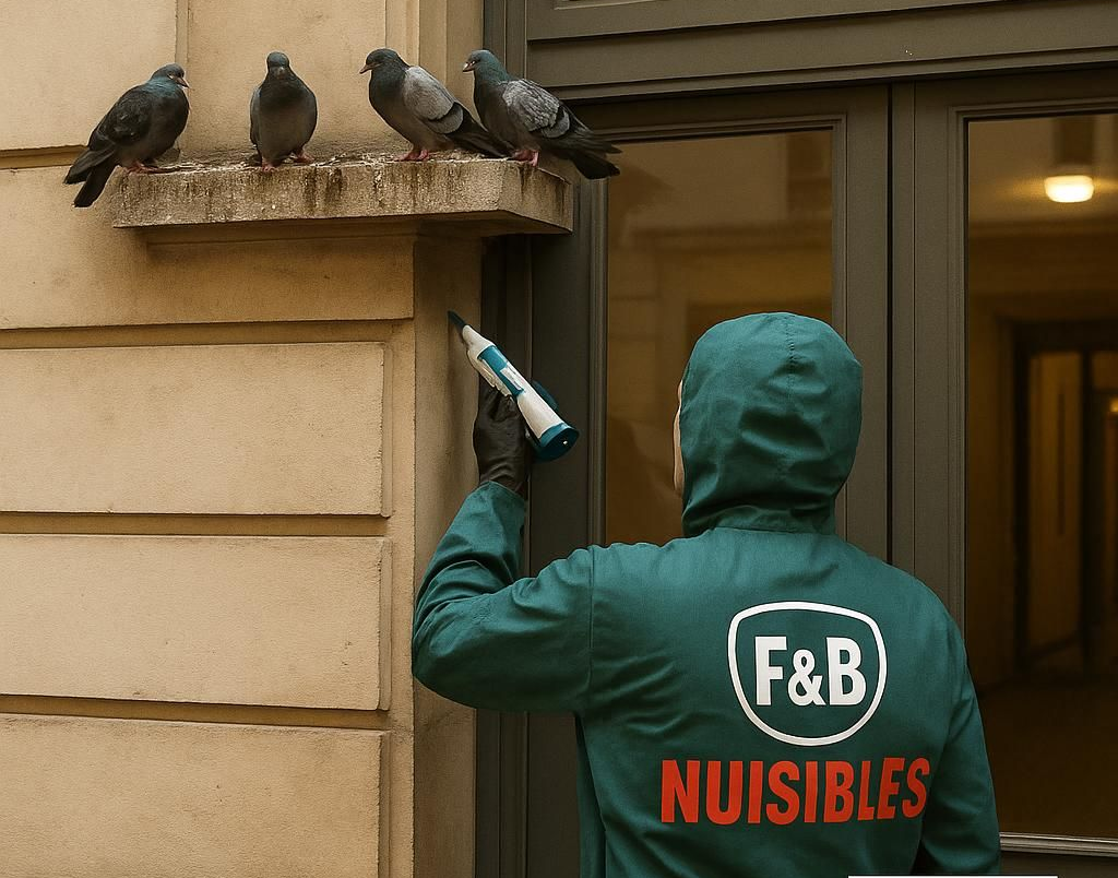 Une personne en combinaison verte scelle un rebord où se perchent des pigeons. Logo F&B NUISIBLES au dos.