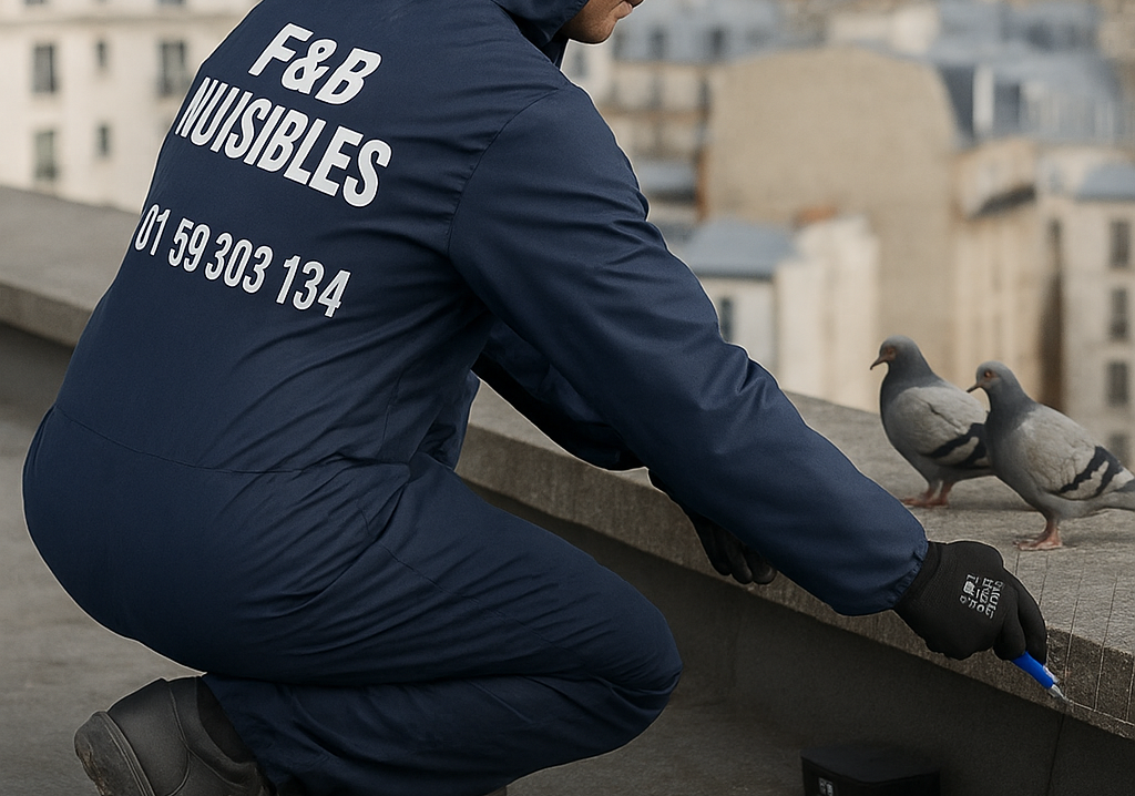 Personne en combinaison bleue sur un toit, tendant la main vers deux pigeons.