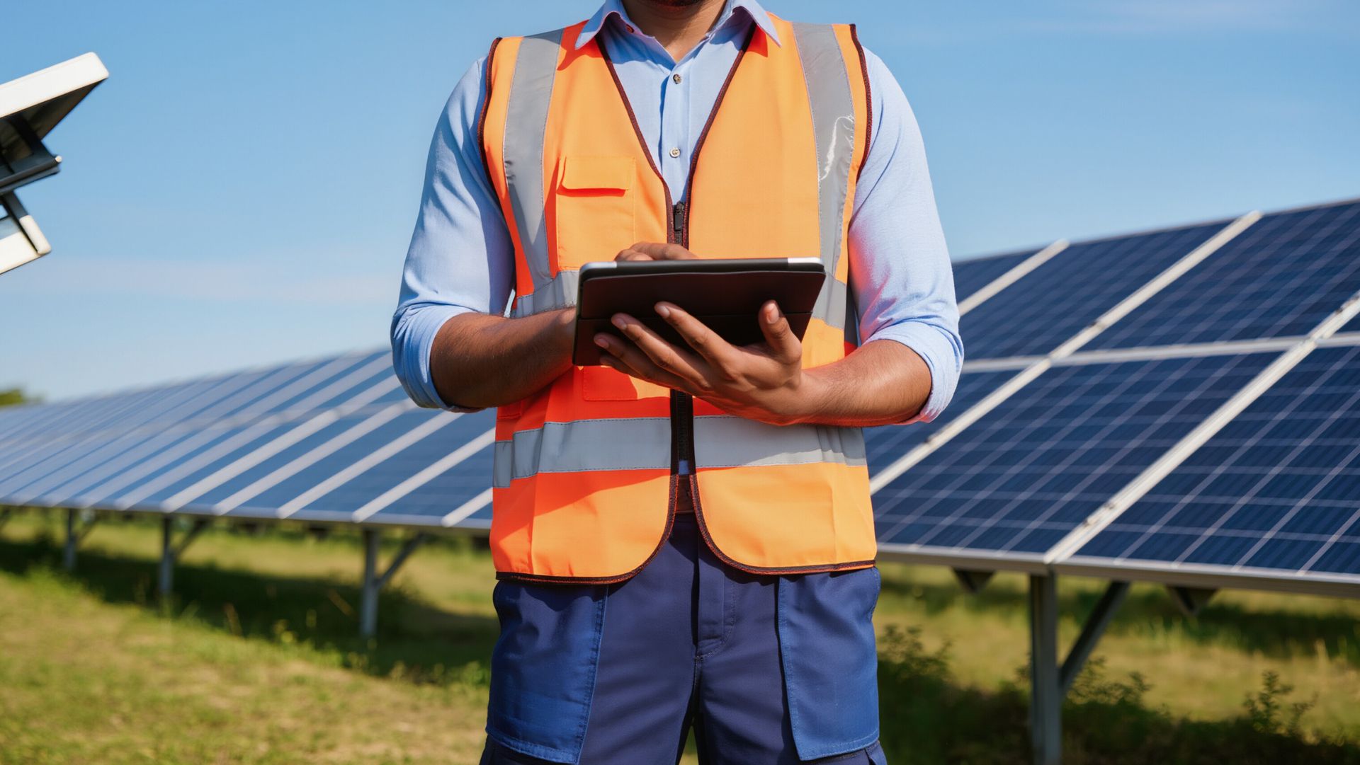Arbeiter in orangefarbener Sicherheitsweste benutzt ein Tablet neben Solarmodulen unter klarem Himmel