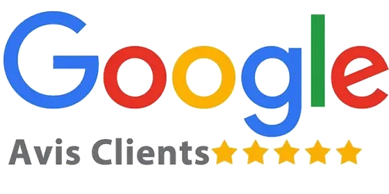 Logo Google avec écrit en-dessous avis clients et 5 étoiles