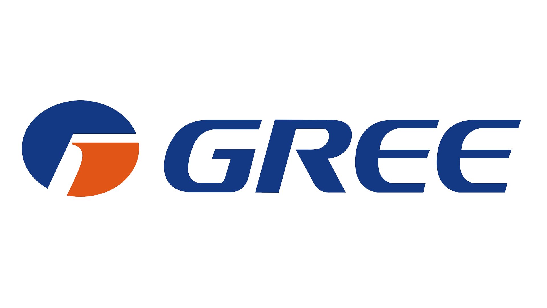 Gree-logo: Sininen ympyrä, jossa on oranssi vinoviiva, ja sen perässä sininen sana