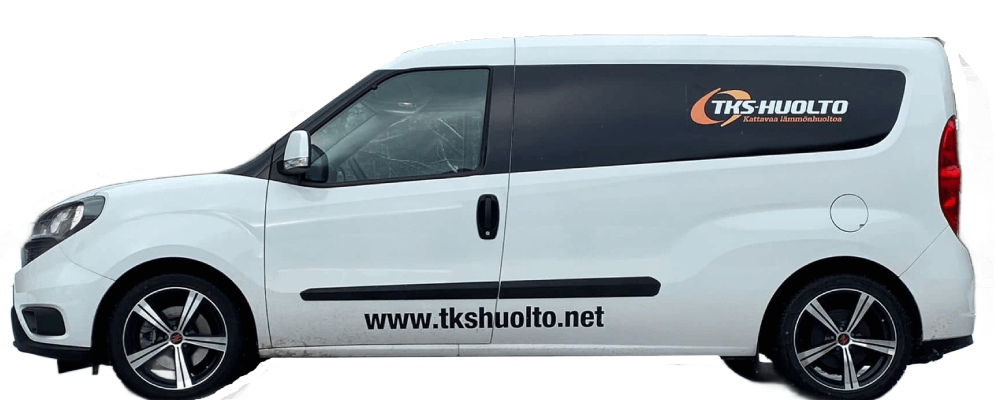 Valkoinen huoltoauto, jossa on TKS Huolto -logo ja verkkosivusto.