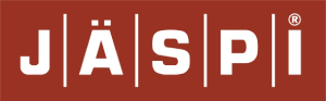 JÄSPI-logo: valkoiset, viivoilla jaetut kirjaimet tiilenpunaisella taustalla; rekisteröidyn tavaramerkin symboli.