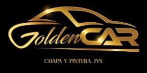 Logotipo "Car" dorado con contorno de autom&oacute;vil en dorado, texto "Golden Car" y "Chapa y Pintura JYS" sobre fondo negro.