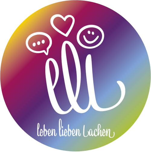 Kreisförmiges Logo mit dem Buchstaben „ell“ in stilisierter Schrift, Sprechblase, Herz, Smiley und dem Text „